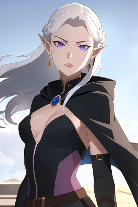 3978522354-420976072-vox machina style, 1girl, black coat, silver details, hood, between breasts, white hair, purple eyes, breasts, black cape,circle.png
